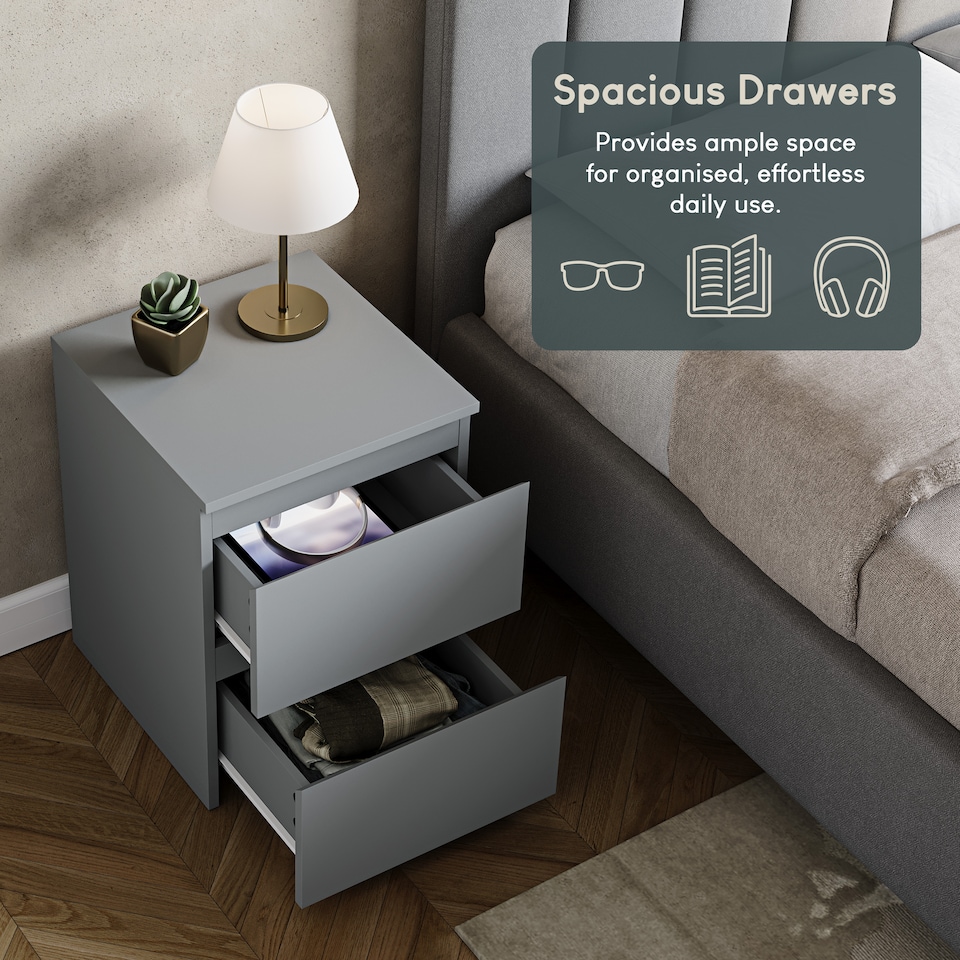 image 1 of Vida Designs Denver 2 Drawer Large Bedside Chest Cabinet Table Nightstand, Grey