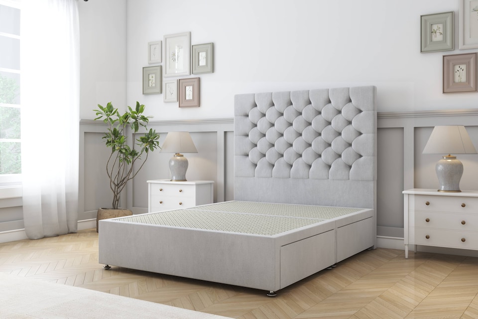 image 1 of Sloomy Mayfair Silver Naples Divan Bed Base 2 Drawers Same Side With 26 Inch Strutted Headboard | Silver | Silver | Double | 1