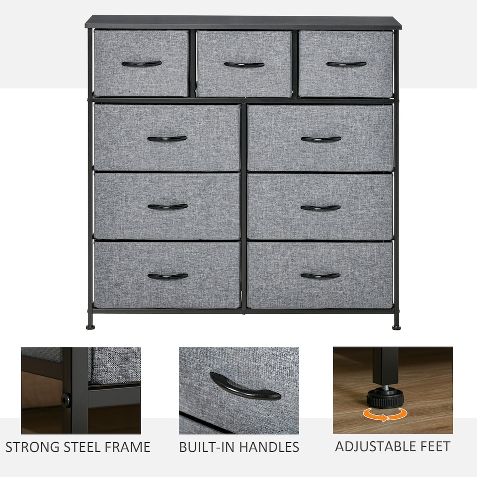 image 1 of HOMCOM 9 Drawers Storage Chest Dresser Organizer Unit w  Steel Frame, Wood Top, Easy Pull Fabric Bins, for Bedroom, Hallway, Entryway, Black & Grey