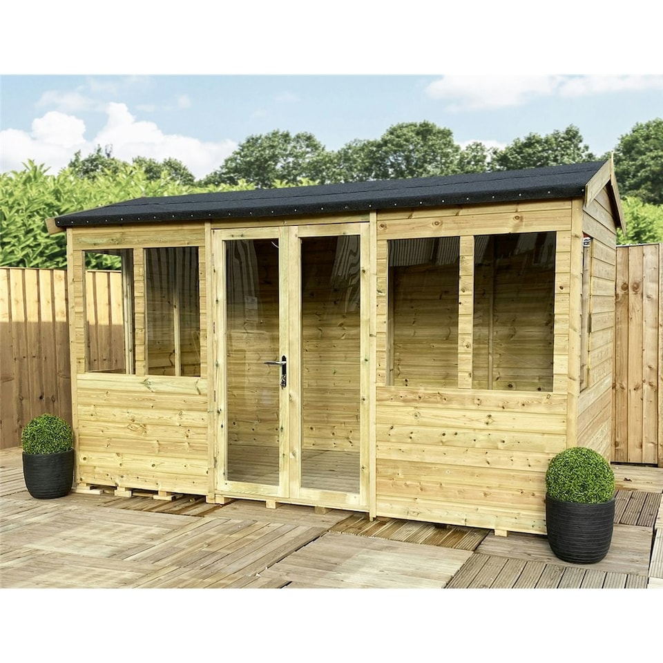 image 1 of 13 x 26 REVERSE Pressure Treated Tongue And Groove Apex Summerhouse + LONG WINDOWS + Safety Toughened Glass (13' x 26' / 13ft x 26ft) (13x26)
