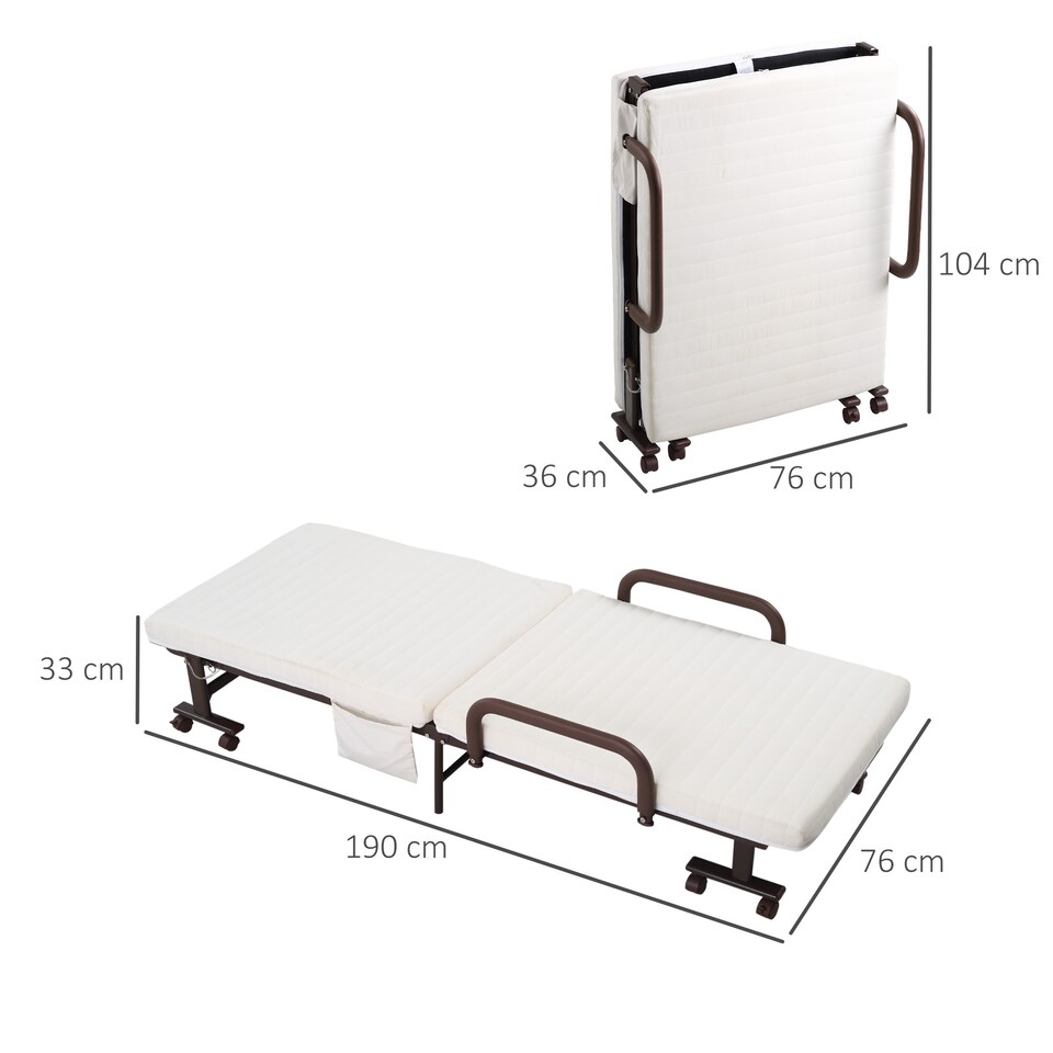 image 1 of HOMCOM Folding Bed with Mattress, Single Guest Bed, Portable Fold Bed with Adjustable Backrest, Metal Frame on Wheels, White, 190 x 76 cm