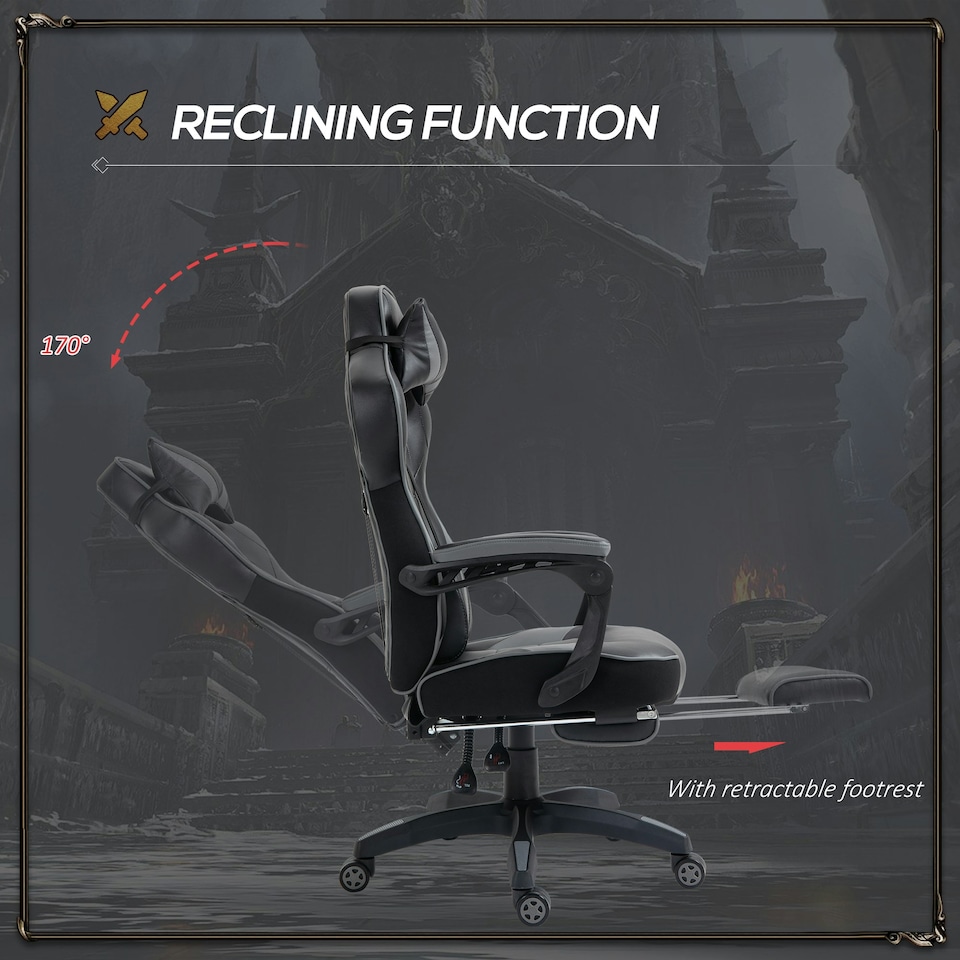 image 1 of Vinsetto Ergonomic Gaming Chair Manual Reclining Chair with Footrest Grey