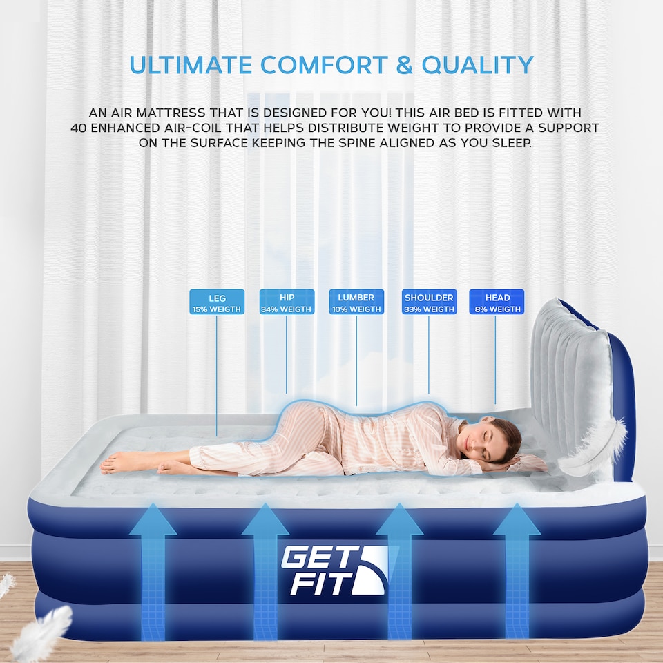 image 1 of Get Fit Air Bed With Built In Electric Pump - Premium King Airbed - Quick Blow Up Bed With Headboard & Free Inflatable Pillow | Blue | Navy / White | 1