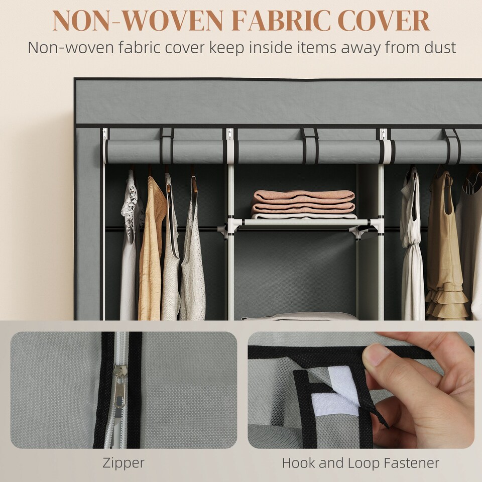 image 1 of HOMCOM Fabric Wardrobe for Bedroom, Portable Wardrobe with 5 Shelves, 2 Hanging Rails and 3 Fabric Drawers, Foldable Closet, 125 x 43 x 162.5cm, Light Grey | Grey | Light Grey