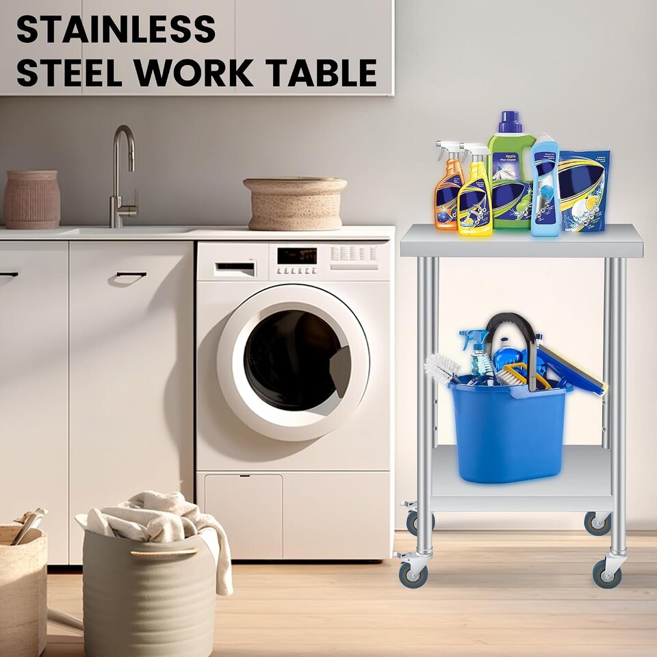 image 1 of London Boutique Commercial Stainless Steel Work Table with Adjustable Undershelf and Wheels, Silver, 24 x 24 x 35 in