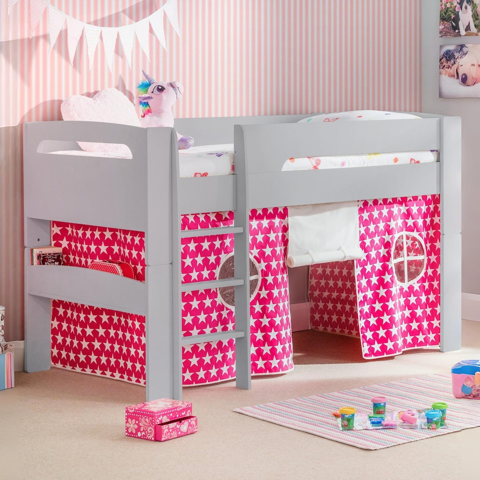 image 1 of Pluto 90cm Single Grey Convertible Low to Midsleeper Bed with Pink Star Tent