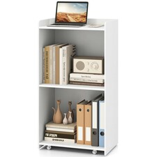 COSTWAY Rolling Lectern Stand Desk with 2 Storage Shelves White