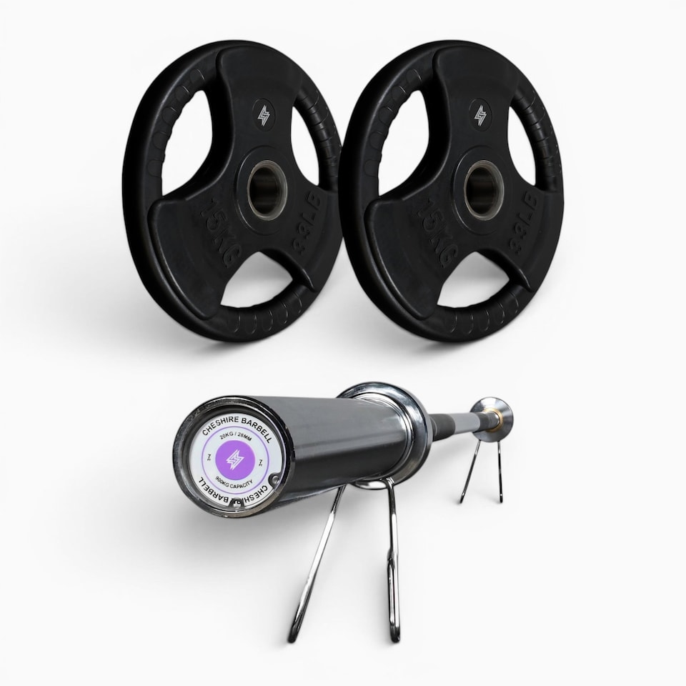 image 1 of GYM SETS Tri Grip Olympic Weight Plates- (2x 15kg (30kg) / With 7ft Cheshire Barbell + Clips)