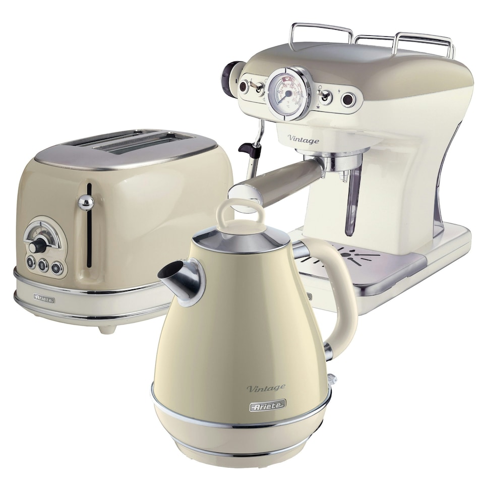 image 1 of Ariete ARPK4 Vintage Retro Jug Kettle, Toaster & Espresso Coffee Machine Set, Cream