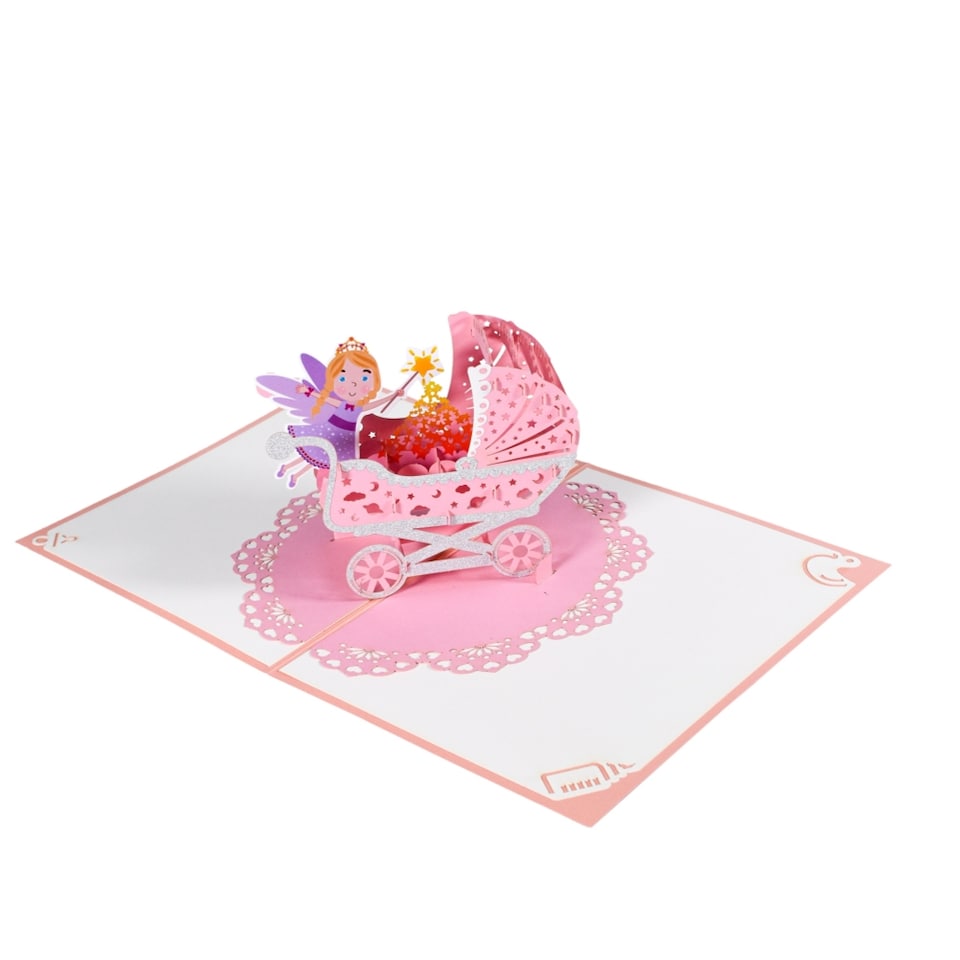 image 1 of Pink Baby Girl Carriage and Fairy 3D Pop Up Baby Shower Greeting Card