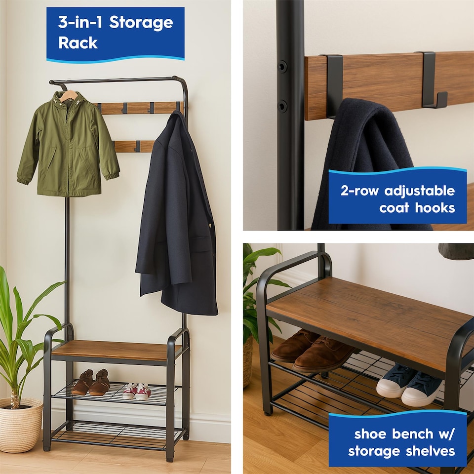 image 1 of Harbour Housewares Curved Steel Coat Rack with Shoe Storage Bench - Black/Brown | Brown | Black/Brown | One Size
