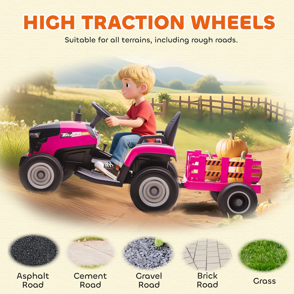 image 1 of AIYAPLAY Ride on Tractor with Trailer, 12V Electric Vehicle with Remote Control, Ride on Car for Kids with Music, Shifter, Start-Up Sound for Ages 3-8 Years | Pink