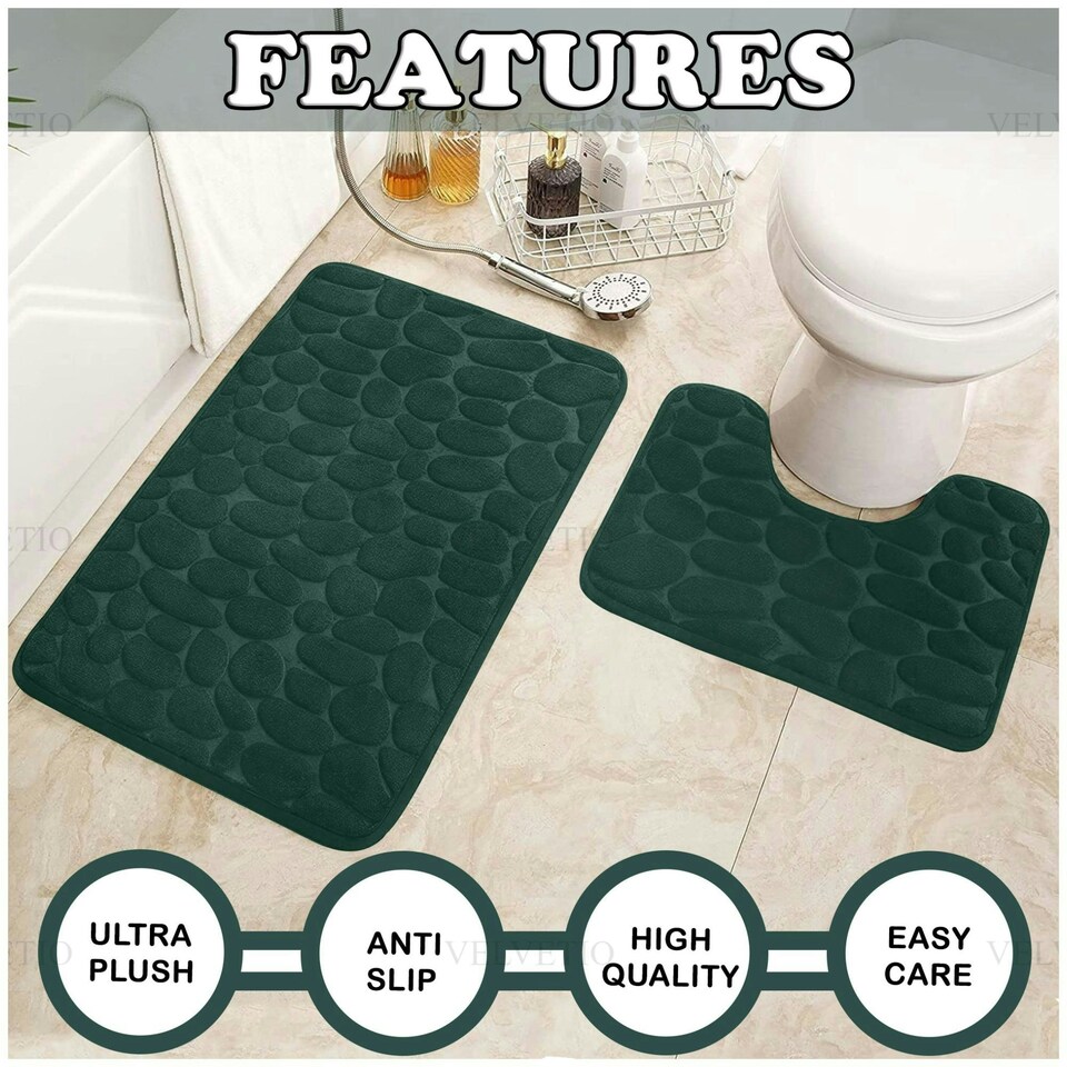 image 1 of VELVETIO 2Pc Pebble Bath Mat Set Memory Foam Bathroom Toilet Rugs Blue | Royal Blue