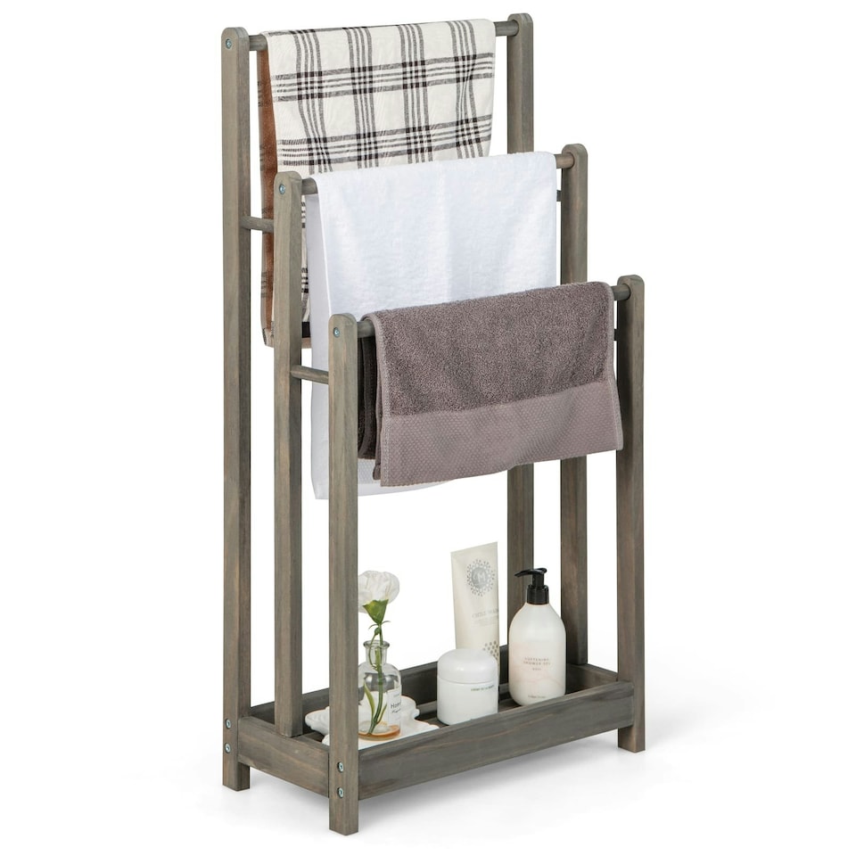 image 1 of COSTWAY 3-Tier Wooden Towel Rack 3 Bars Towel Shelf Grey