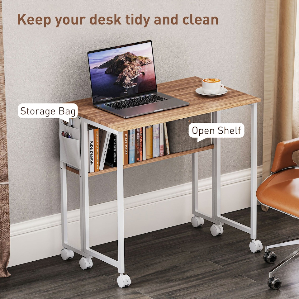 image 1 of HOMCOM Folding Desk with Storage Shelf and Bag, 80 cm Foldable Computer Desk for Small Spaces, Space Saving Writing Table on Wheels for Home Office, Bedroom, Easy Assembly, Natural Wood Finish | Yellow
