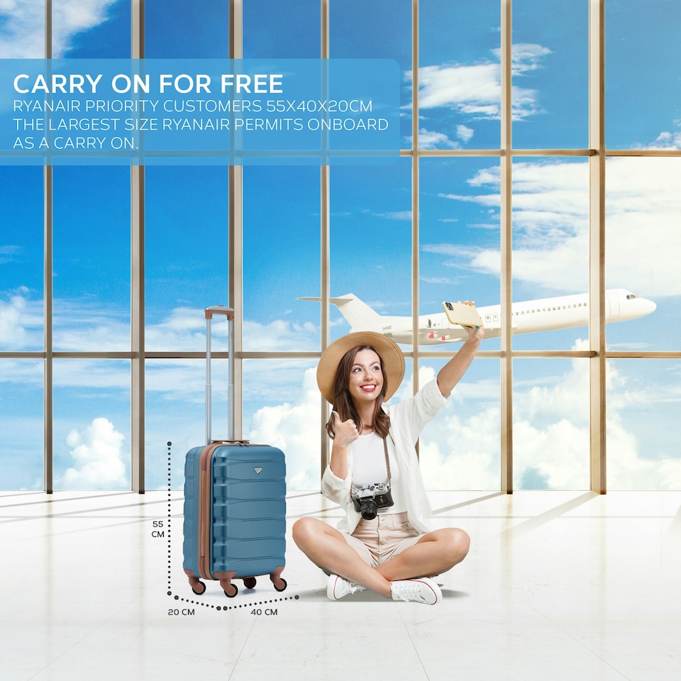 image 1 of 55x40x20cm Ryanair (Priority) TUI, Carry on Cabin Suitcase Hard Shell Approved for 60+ Airlines Blue | Blue/Tan | Cabin Bag