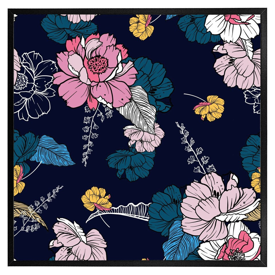 image 1 of Pink flowers on navy (Picture Frame) Brown | XL