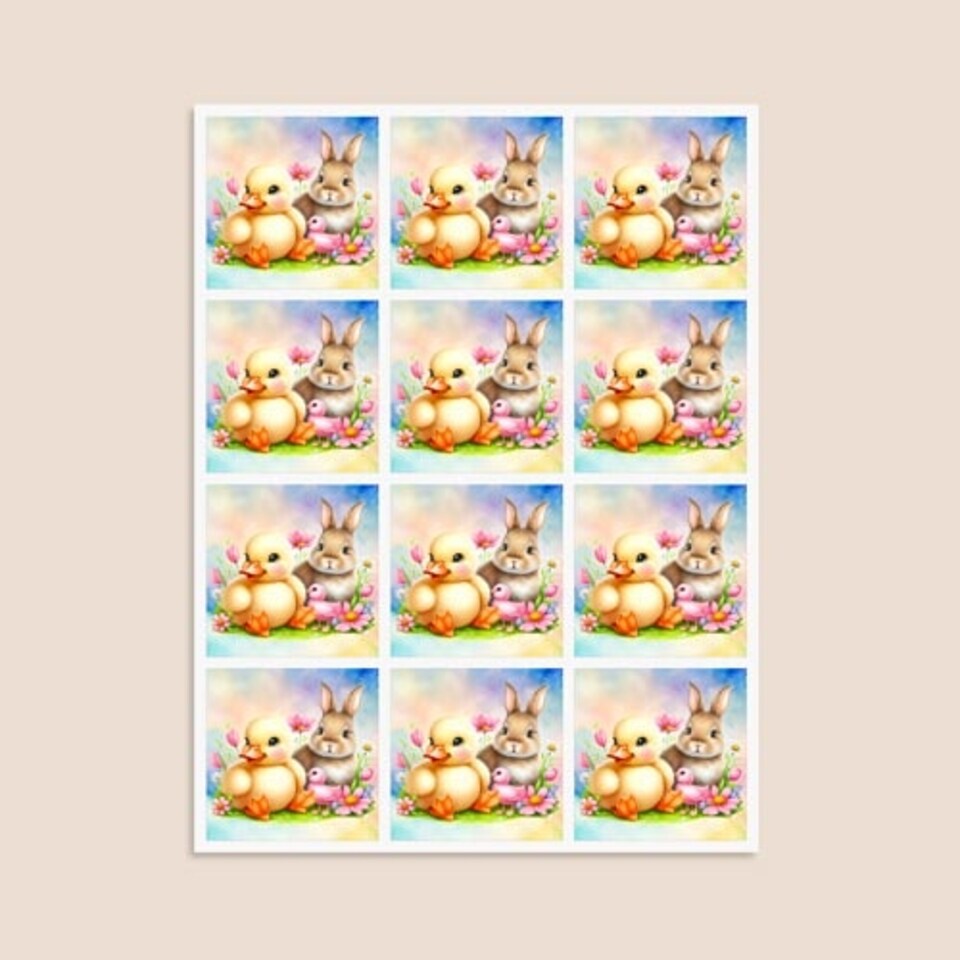 image 1 of Easter Bunny and Chick Square Stickers 65mm - Sheet of 12