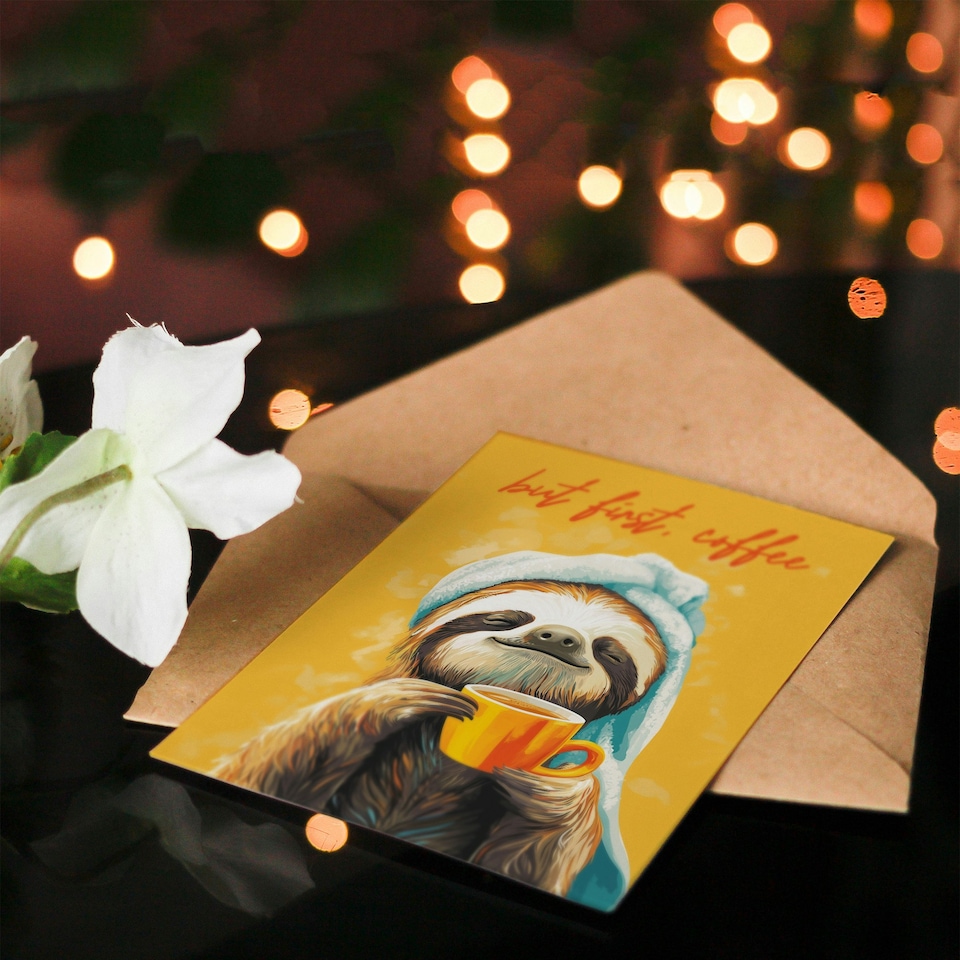image 1 of Birthday Card But First Coffee Cute Happy Sloth Morning Ritual