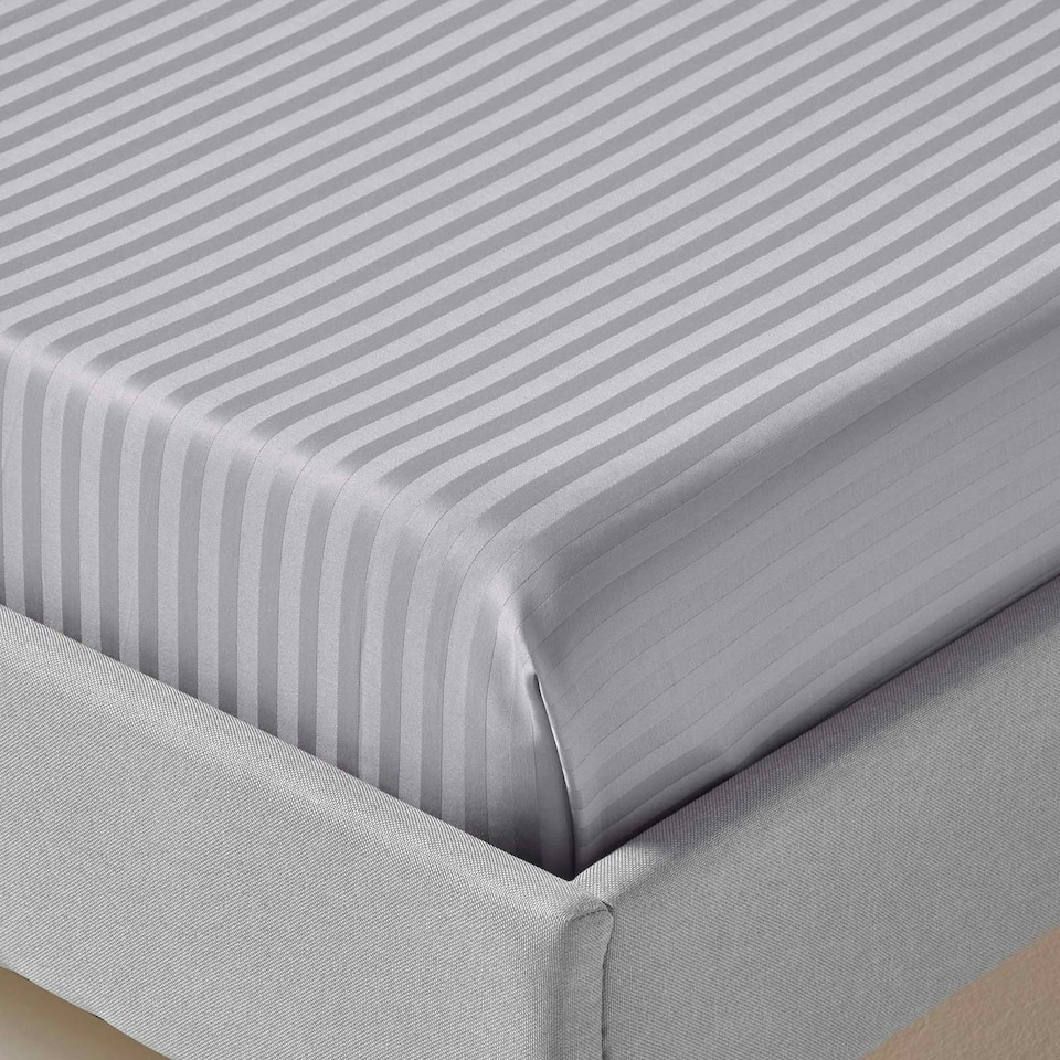 image 1 of Homescapes Grey Egyptian Cotton Satin Stripe Flat Sheet 330 TC, Double Grey | Double