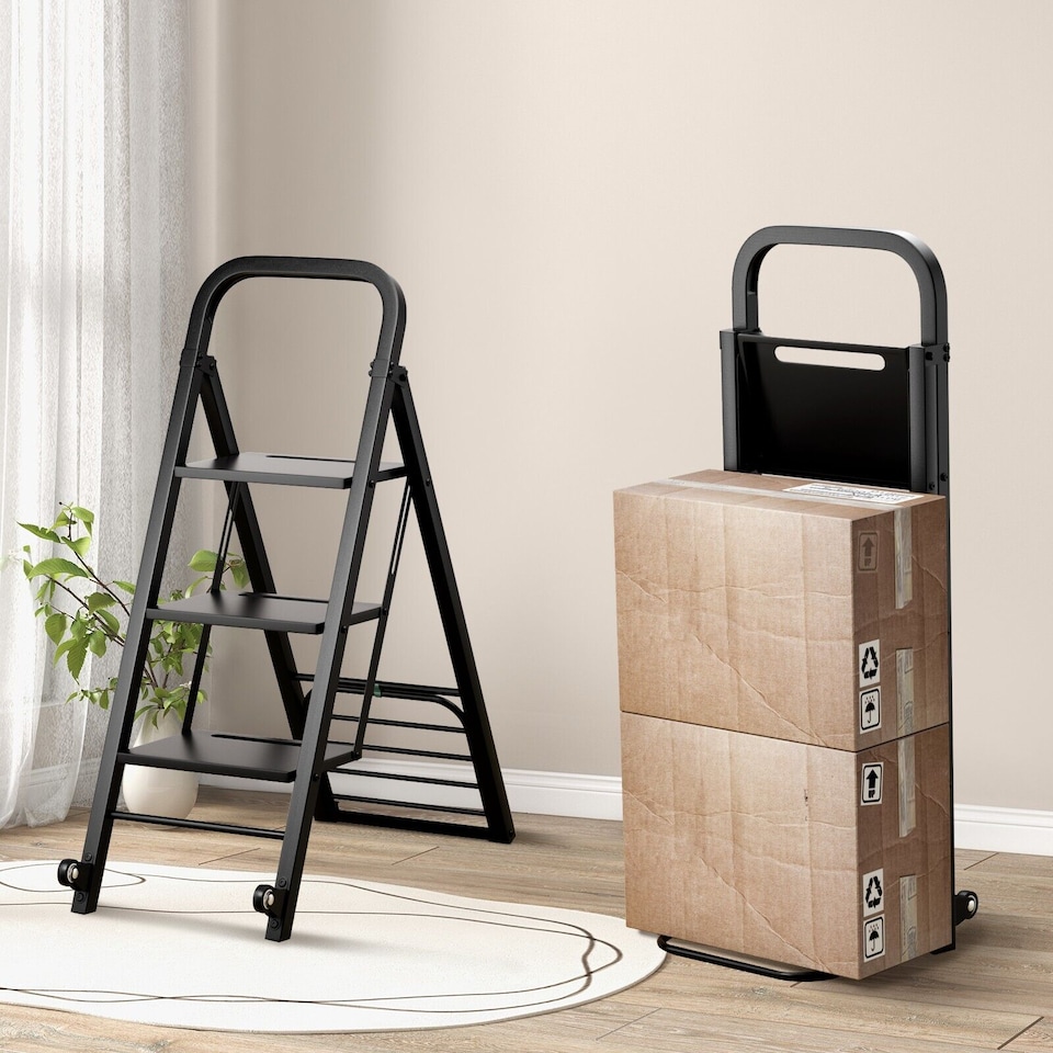 image 1 of COSTWAY 2-In-1 Hand Truck &Ladder Foldable 3-Step Ladder Heavy-duty Utility Cart