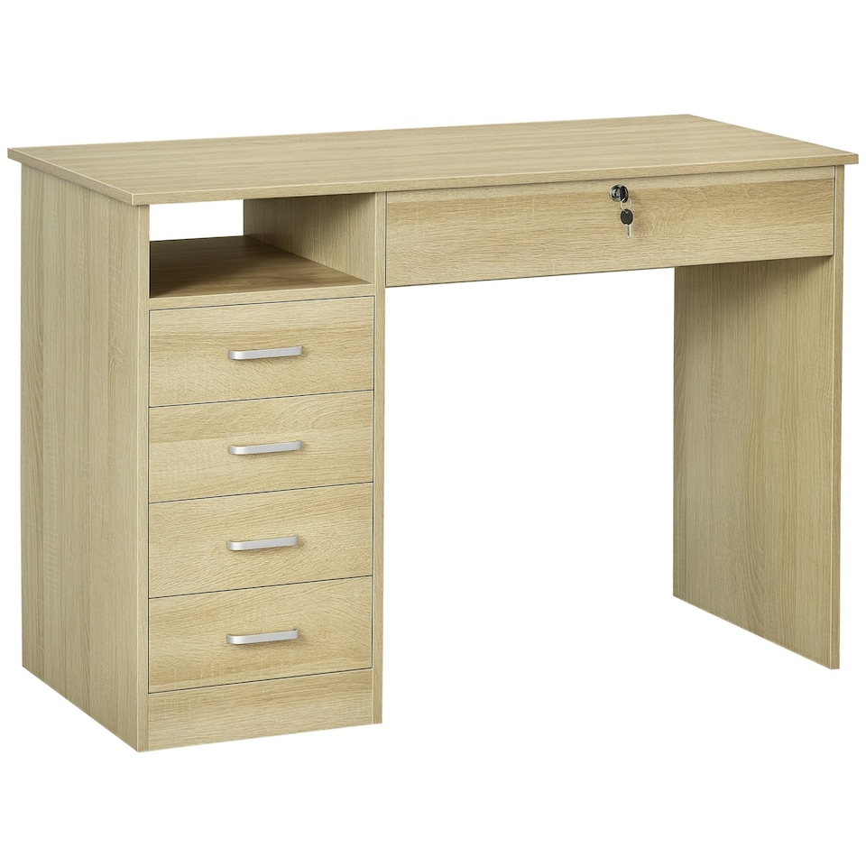 image 1 of HOMCOM Computer Desk Writing Desk with Five Drawers for Home Office Oak