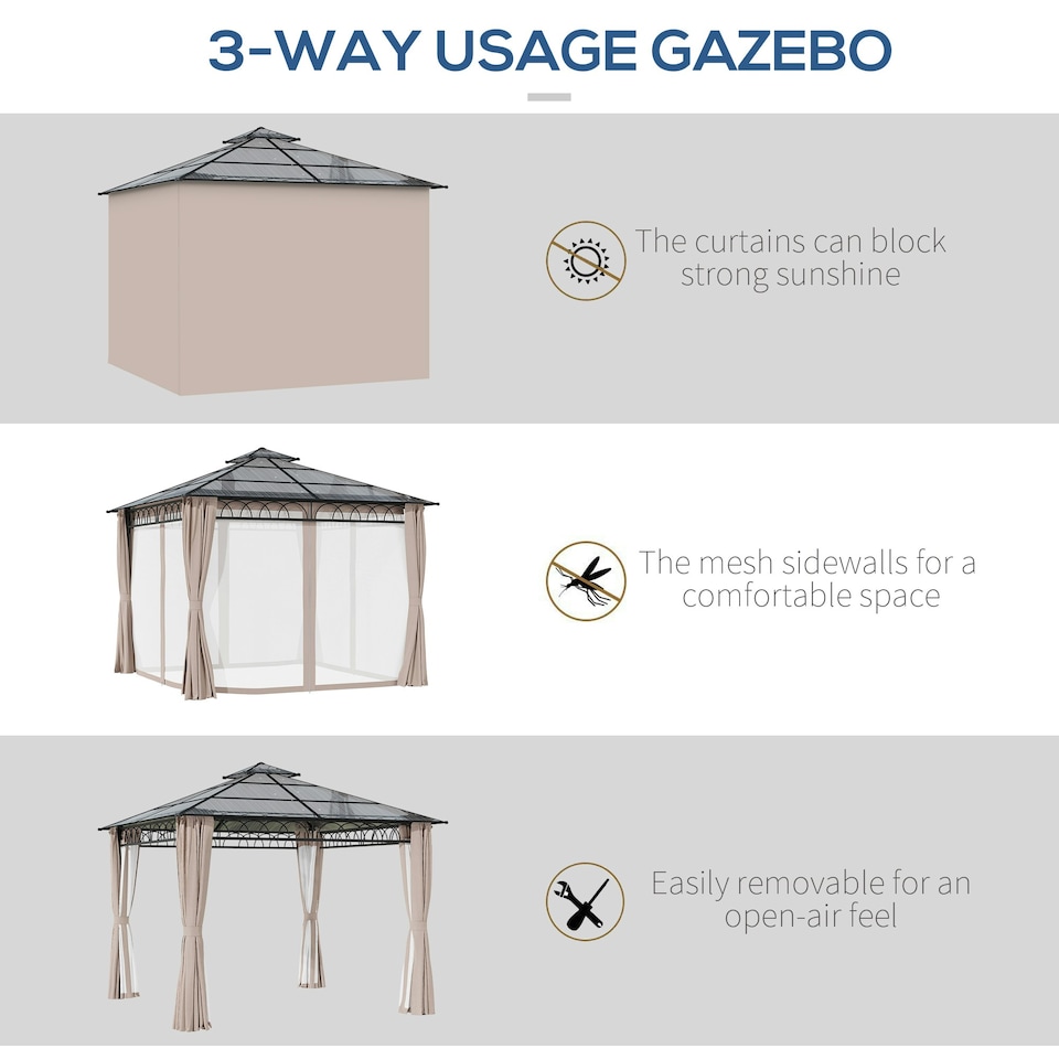 image 1 of Outsunny 3 x 3 (m) Double Roof Hard Top Gazebo w/Nettings & Curtains, Khaki