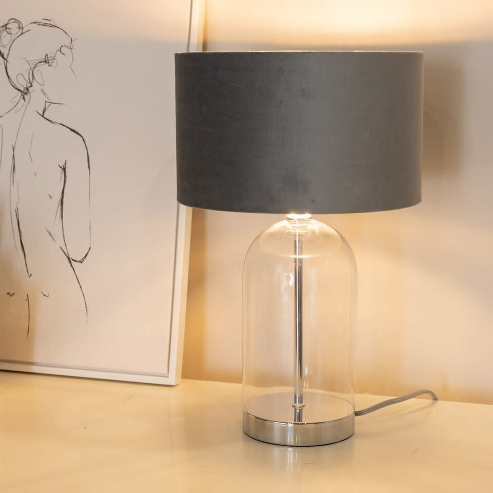 image 1 of ValueLights Jessy Glass Chrome Table Lamp Grey Velvet Chrome Inner Shade & Bulb | Clear