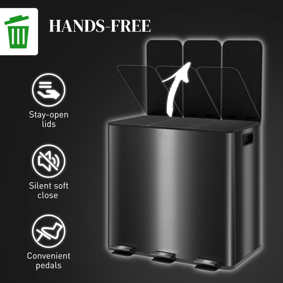 image 1 of HOMCOM 3 x 15L Triple Kitchen Bin Pedal Bin for Recycling and Waste Black | 45L