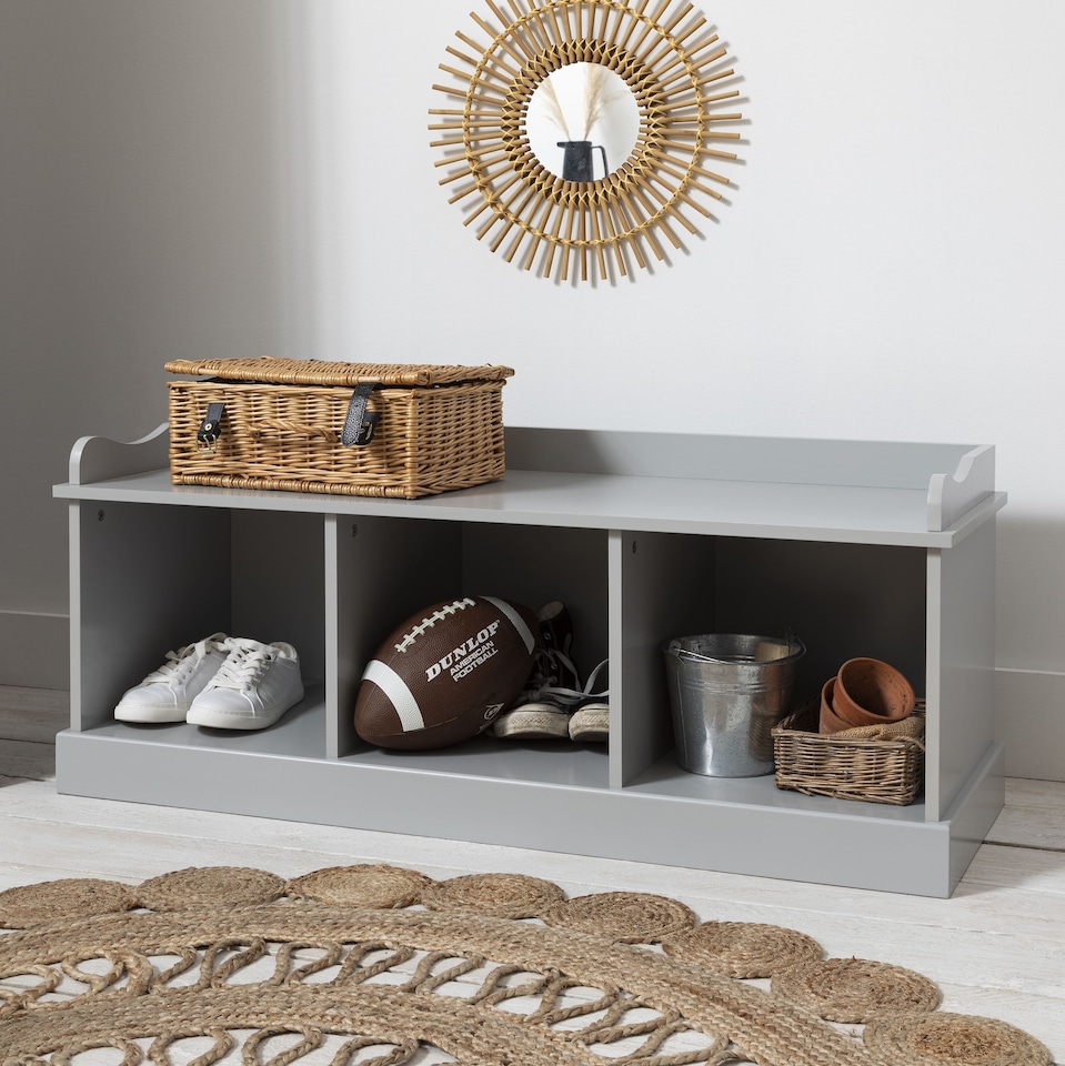 image 1 of Stockholm Storage Bench with 3 Brown Baskets in Silk Grey