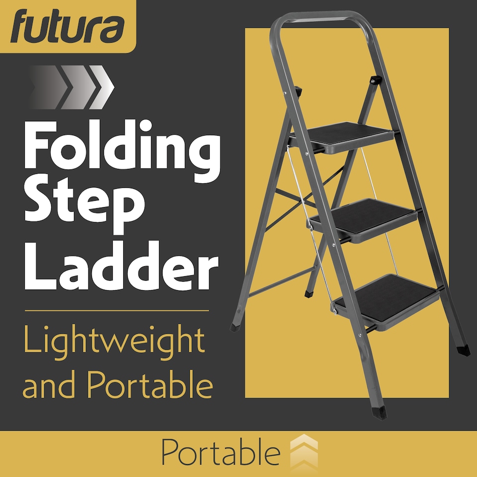 image 1 of Futura 3 Step Ladder Grey, Heavy-Duty Steel Folding Home DIY Step Stool with Wide Non-Slip Steps & Anti Slip Feet 150kg Capacity