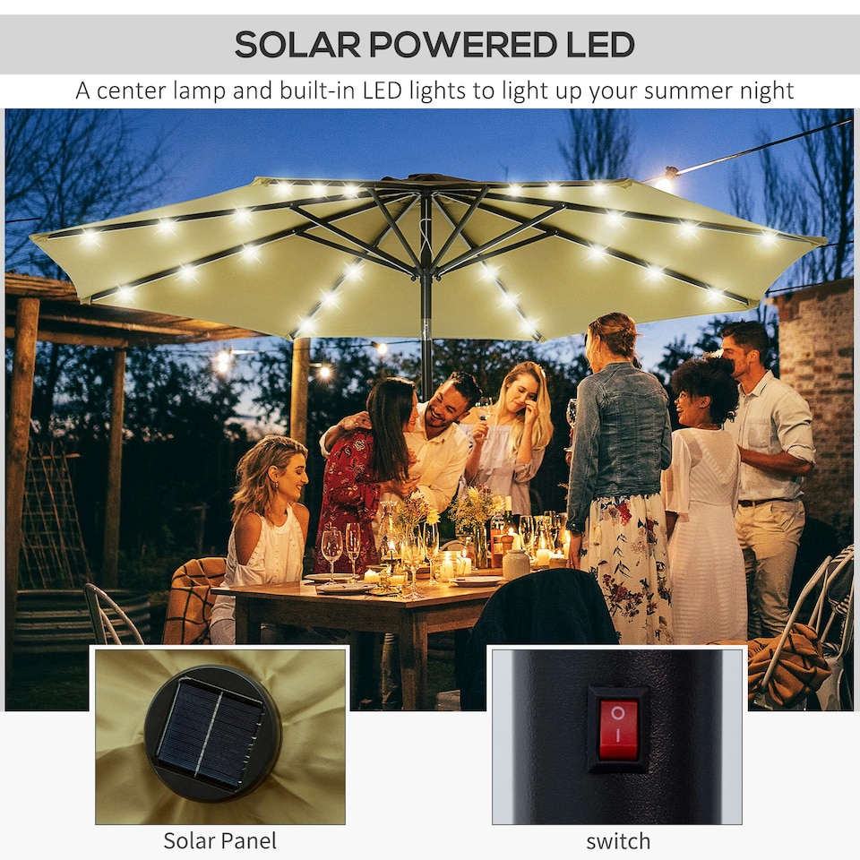 image 1 of Outsunny LED Solar Powered Parasol Umbrella Garden Tilt String Light