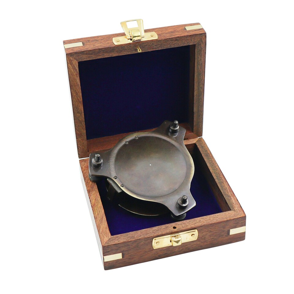 image 1 of Engraved 3-Inch Gunmetal Sundial Compass with Wooden Box