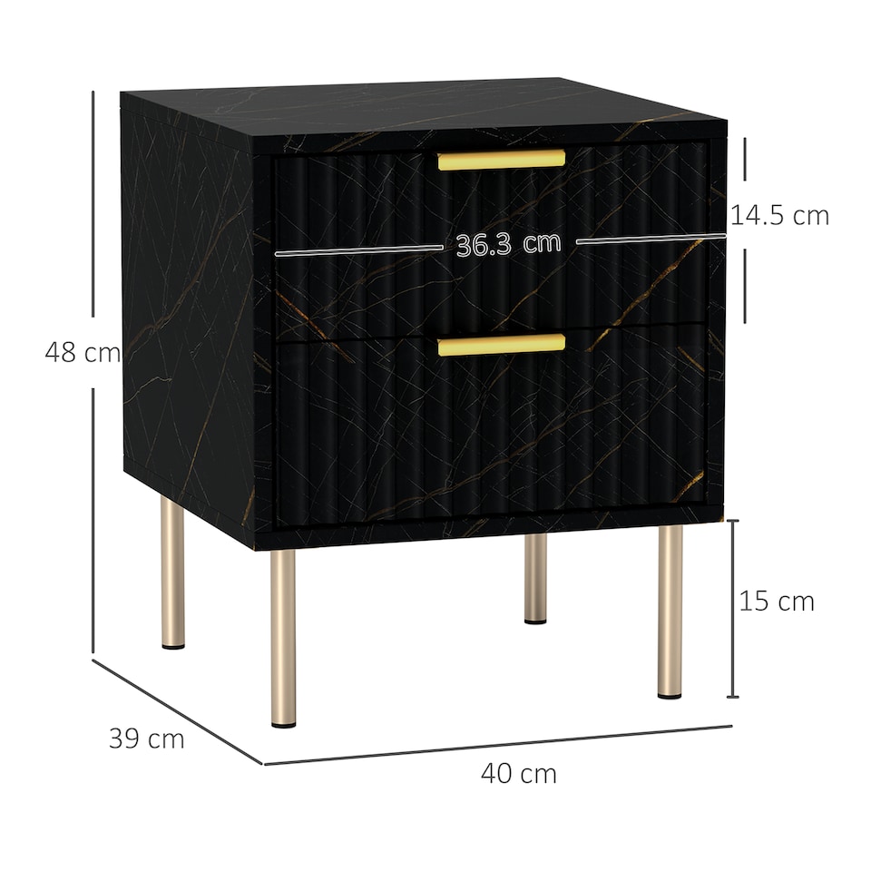 image 1 of HOMCOM Marble Pattern Bedside Table, Fluted Bedside Cabinet with 2 Drawers, Side End Table with Steel Legs for Bedroom, Black | Black