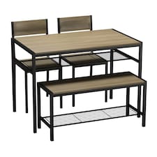 4 Pcs Set Dining Room Table Metal Frame with 2 Matching Chairs and Bench Kitchen | Multi | Oak