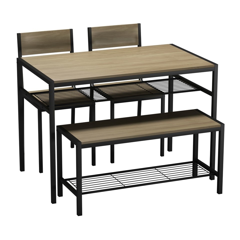 image 1 of 4 Pcs Set Dining Room Table Metal Frame with 2 Matching Chairs and Bench Kitchen | Multi | Oak