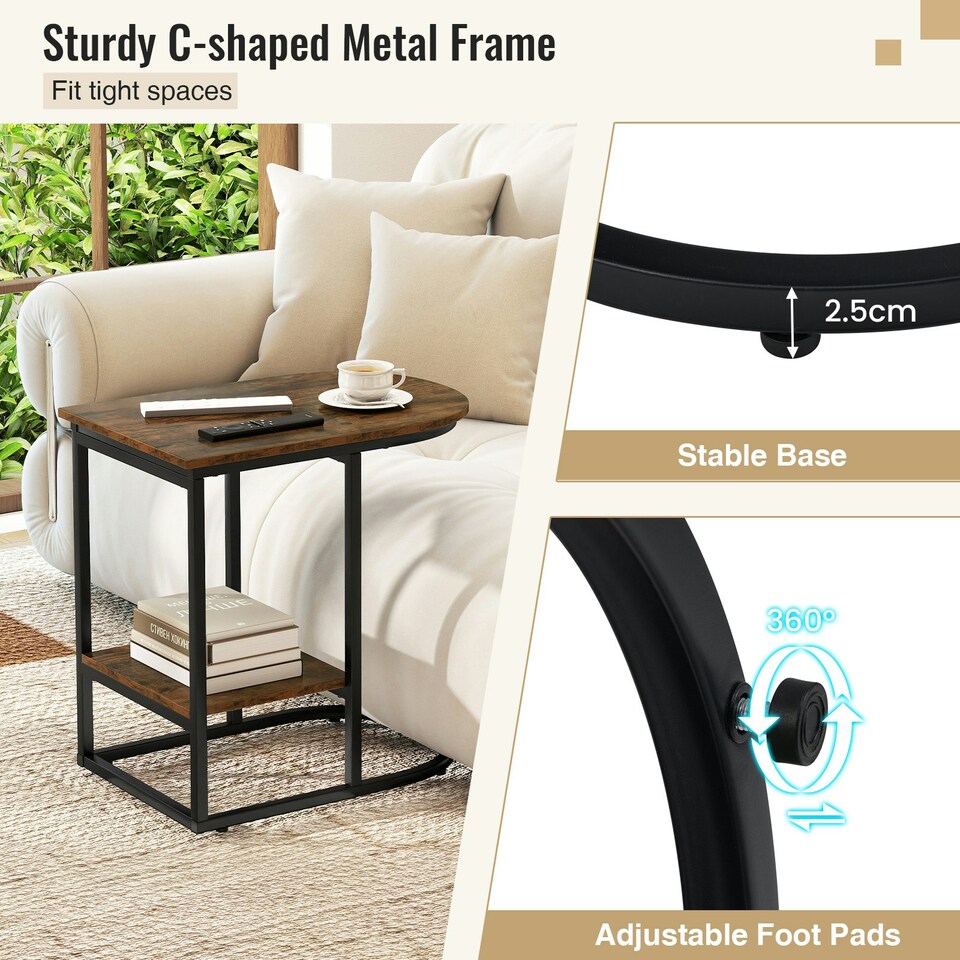 image 1 of COSTWAY C-shaped End Table Modern Sofa Side Table Brown