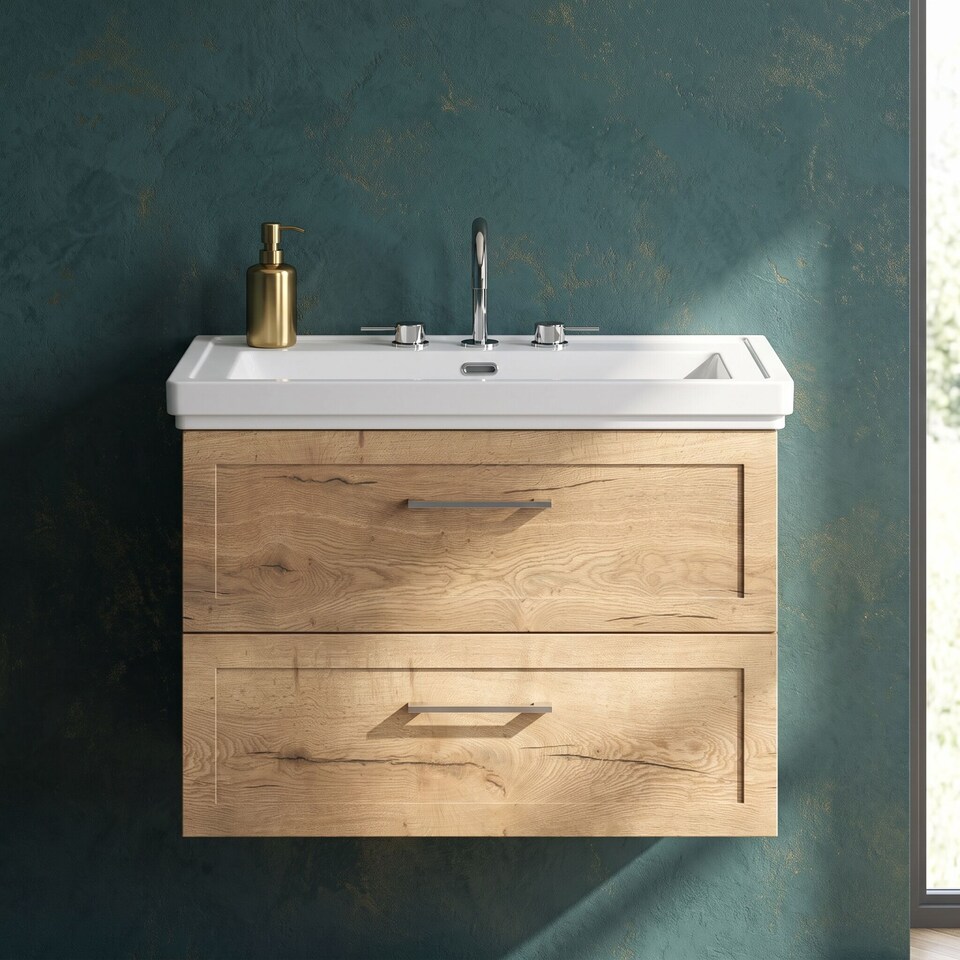 image 1 of Balterley Stonnall Traditional Wall Hung 2 Drawers Vanity Unit with Traditional 3 Tap Hole Fireclay Basin, 800mm, Autumn Oak