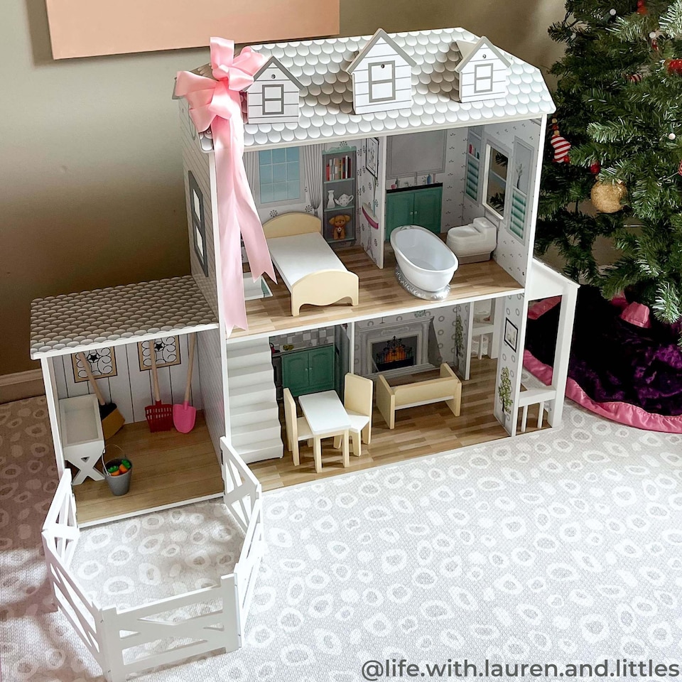 image 1 of Teamson Kids 2-Story Wooden Dollhouse with Stable, Grey, Farmhouse
