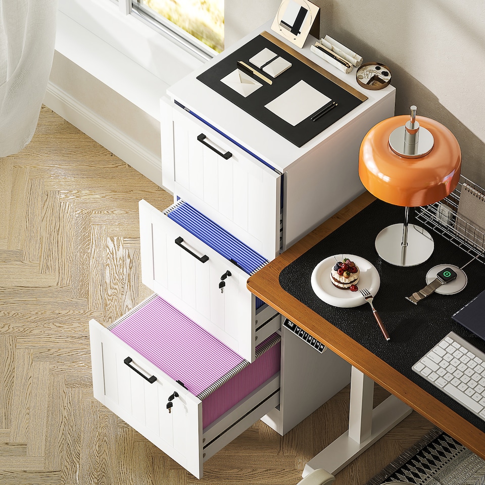 image 1 of HOMCOM 3 Drawer File Cabinet with Lock, Vertical Filing Cabinet with Adjustable Hanging Bars for A4 and Letter Size File Folders, Printer Stand with Storage, White | White | White