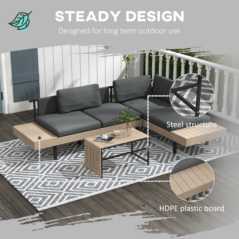 image 1 of Outsunny 3 Pieces Garden Furniture Set, L Shaped 4 Seater Corner Sofa Set with Table and Cushions, HDPE, Outdoor Patio Sofa Set for Patio, Grey