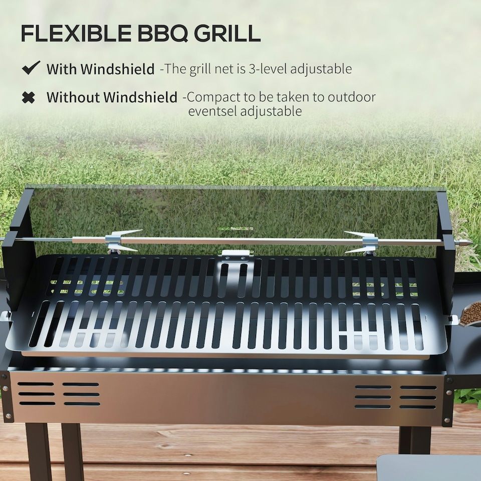 image 1 of Outsunny Charcoal Spit Roasting Machine w/ 3-Tier Grill Grate & Foldable Shelves