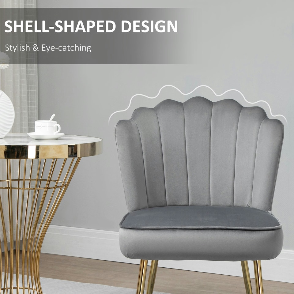 image 1 of HOMCOM Velvet-Feel Shell Accent Chair Home Bedroom Lounge Metal Legs Grey