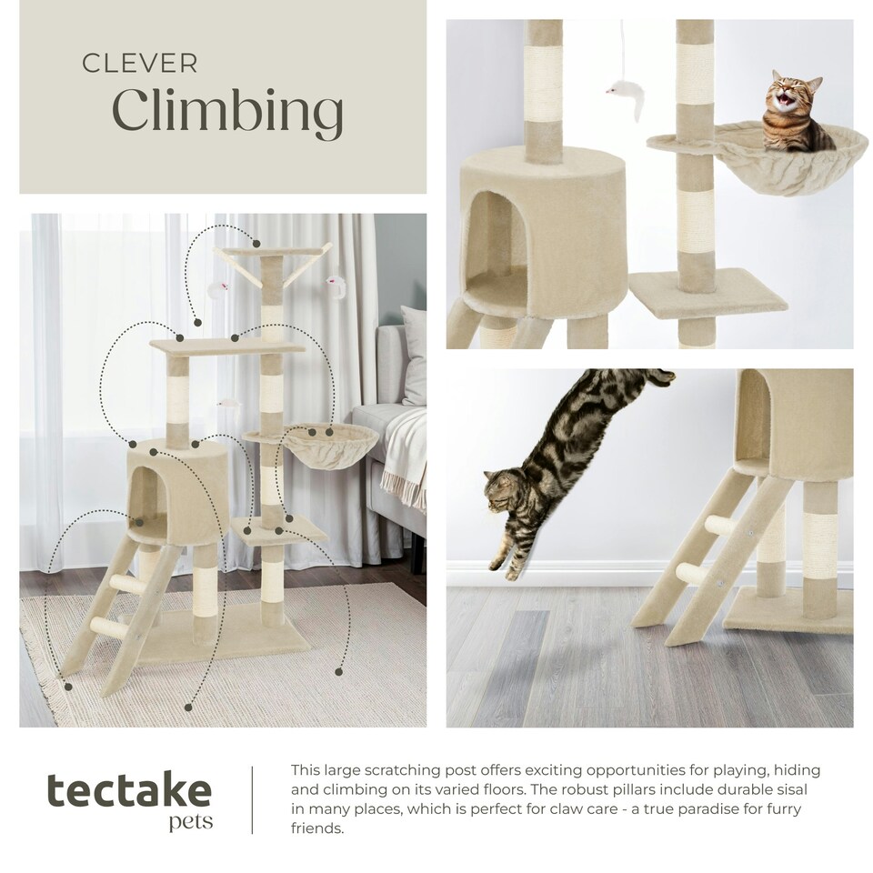 image 1 of Cat Tree Dominik - 144 cm, sisal cat scratching post, mice & anti-tip protection - Beige