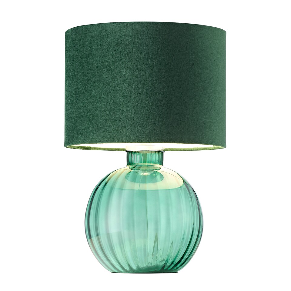 image 1 of Contemporary Emerald Ribbed Glass Table Lamp with Forest Green Velvet Shade | Green