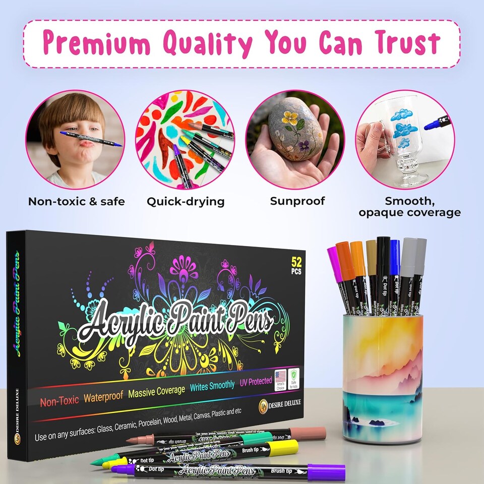 image 1 of Desire Deluxe Acrylic Paint Pens for Rock Painting, Stone, Ceramic, Glass, Wood, Canvas – Set of 52 Non Toxic Water Based Markers - Great Artists Painting Supplies