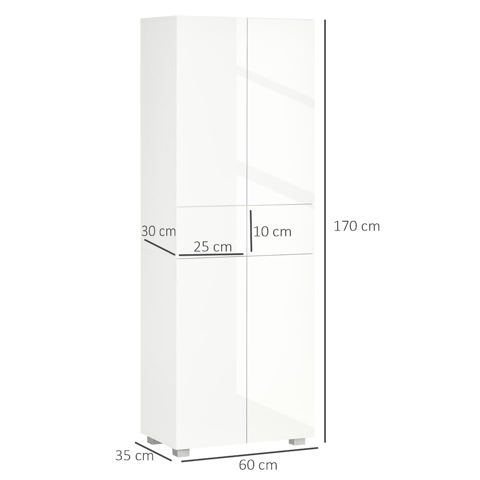image 1 of HOMCOM 4-Door Kitchen Cupboard, Tall Freestanding 5-Tier Storage Cabinet with 3 Adjustable Shelves, 2 Drawers for Living Room, Dining Room, Push to Open Design, High Gloss White