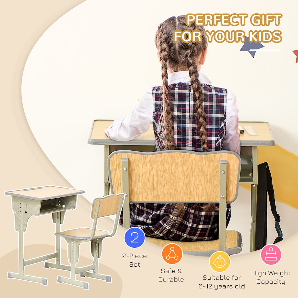 image 1 of HOMCOM Height Adjustable Kids Desk and Chair Set for 6-12 Years, Grey