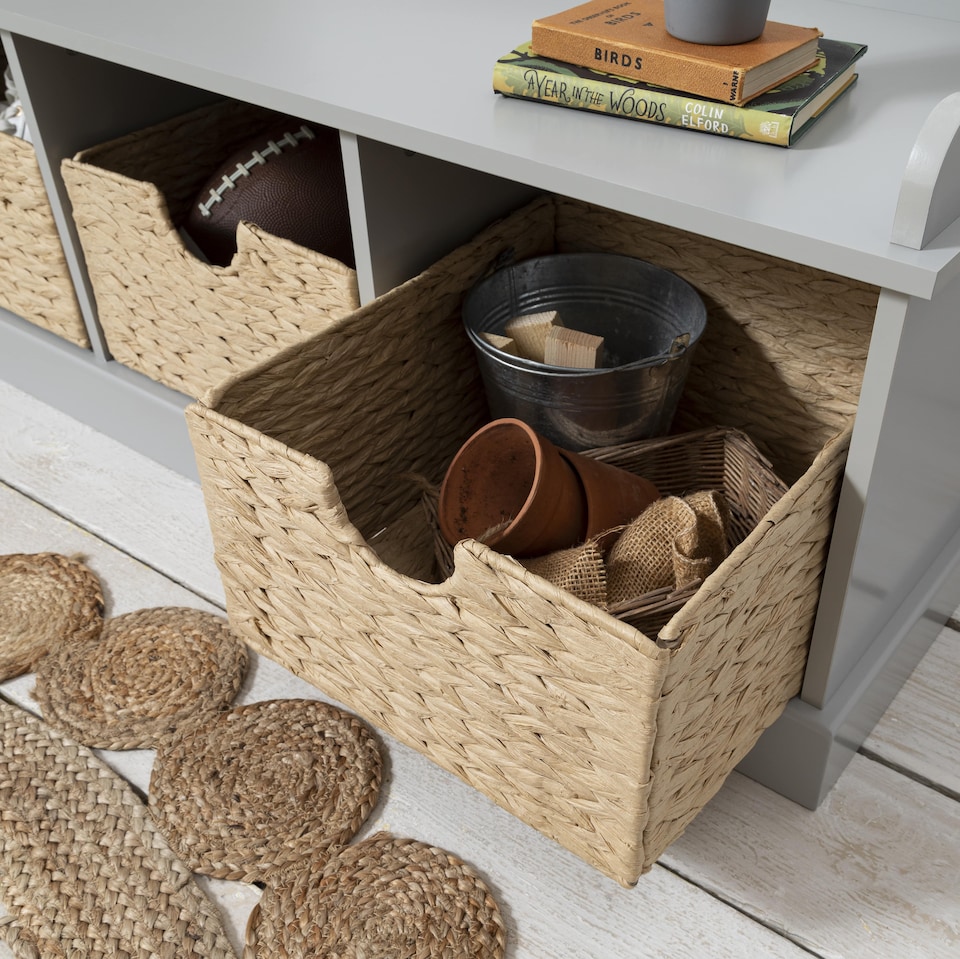 image 1 of Stockholm Storage Bench with 3 Brown Baskets in Silk Grey