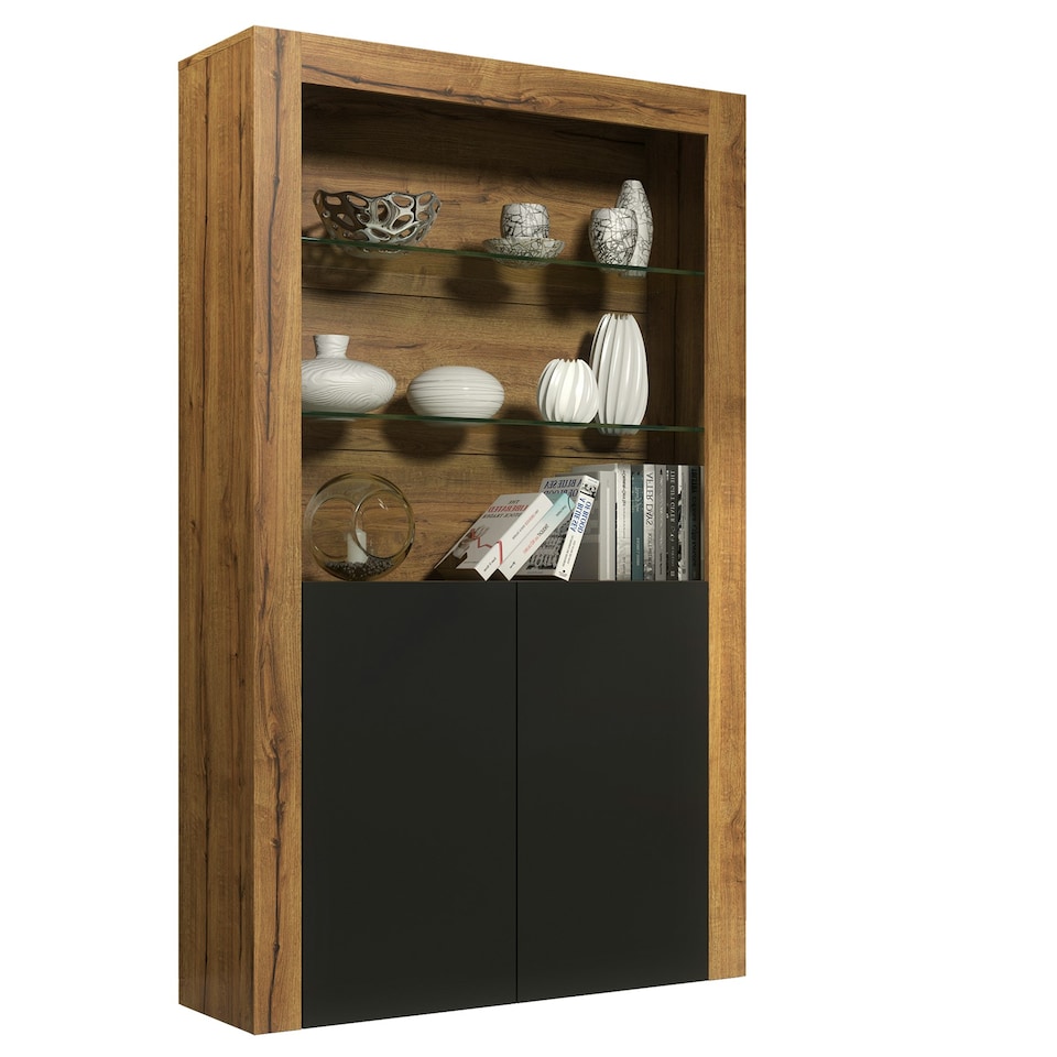 image 1 of Modern Display Cabinet with Glass Shelves | Living Room Storage Unit | Black High Gloss Cupboard Doors Multi | Oak & Black